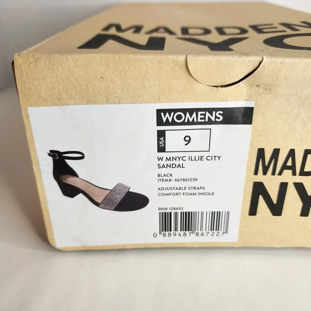 NIB MADDEN NYC WOMENS BLACK SZ 9 RHINESTONE ILLIE CITY BLOCK HEEL STRAPPY SANDAL